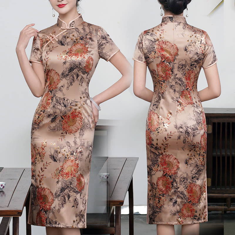 Buddha Stones Retro Flower Lotus Peony Feather Print Qipao Dress Women's Cheongsam Dress - Dark Champagne Flower - US16,UK/AU20,EU48 (5XL) - image 12