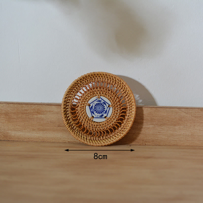 Buddha Stones Ceramic Flower Pattern Rattan Cup Mat Tea Cup Coaster Decorations BS 8cm Ceramic Coaster