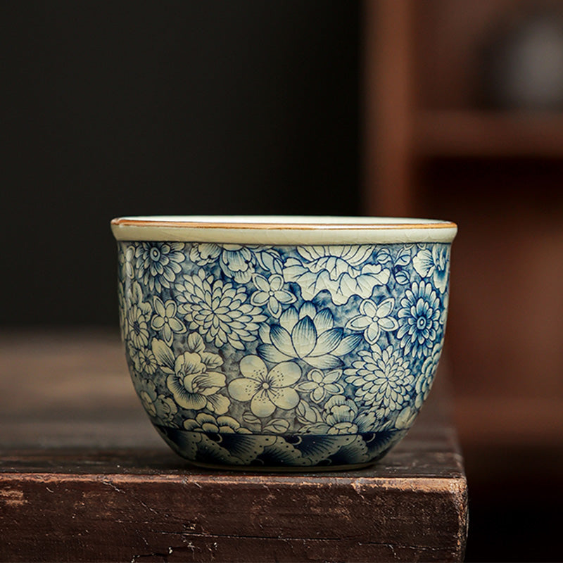 Buddha Stones Blue and White Porcelain Chinese Gongfu Tea Ceramic Kung Fu Teapot Cup Tea Filter Canister Teapot BS Cup 7.5cm*5.0cm*140ml