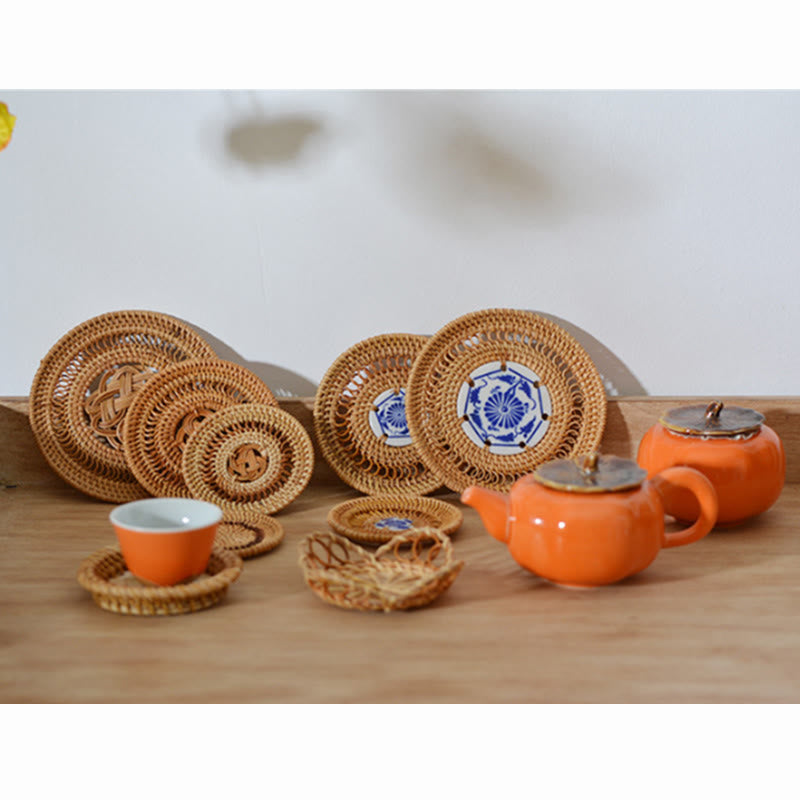 Buddha Stones Ceramic Flower Pattern Rattan Cup Mat Tea Cup Coaster Decorations BS 21