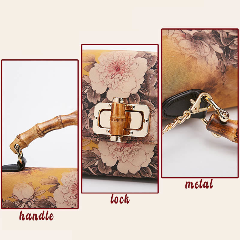 Buddha Stones Flower Pattern Bamboo Handle Metal Chain Crossbody Bag Handbags Crossbody Bag&Handbags BS 5