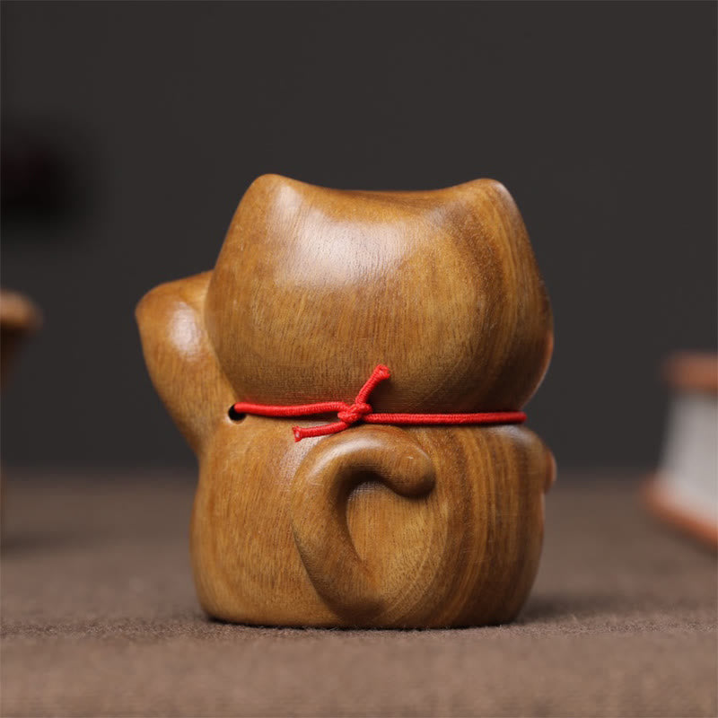 Buddha Stones Green Sandalwood Small Mini Cute Lucky Cat Peace Decorations Decorations BS 7