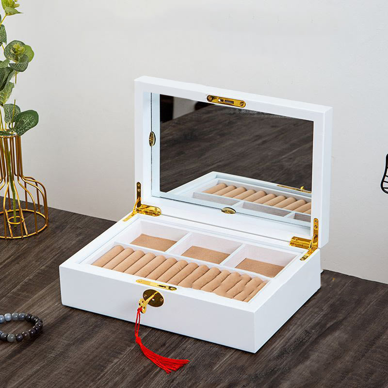 Buddha Stones Vintage Wooden Jewelry Box Two-Layer Solid Wood Jewelry Storage Box Jewelry Box BS White-Mirror Style 29*19*9cm
