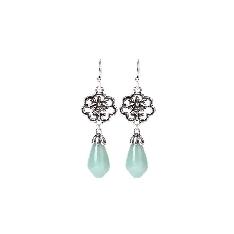 Buddha Stones Magnolia Flower Jade Water Drop Prosperity Dangle Earrings Earrings BS 4