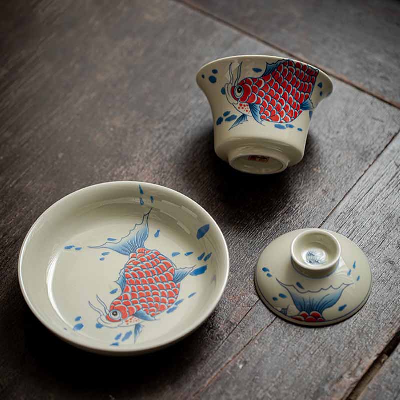 Buddha Stones Koi Fish Arowana Ceramic Gaiwan Sancai Teacup Kung Fu Tea Cup With Lid 130ml Cup BS 5