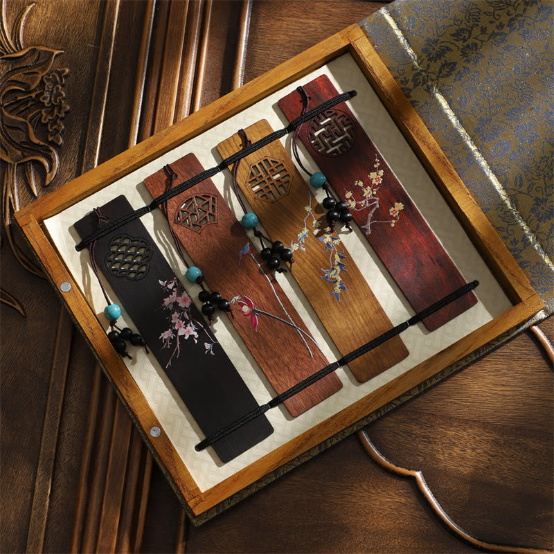 Buddha Stones 4Pcs Four Seasons Plum Orchid Bamboo Chrysanthemum Peking Opera Mask Wood Bookmarks With Gift Box Bookmarks BS 3