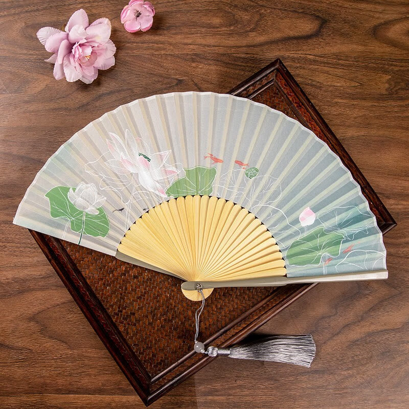 Buddha Stones Jasmine Lotus Begonia Flowers Handheld Bamboo Folding Fan - Beige Lotus - image 6