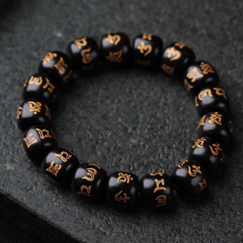 Buddha Stones Tibetan Ebony Wood Om Mani Padme Hum Engraved Peace Bracelet Bracelet BS 1