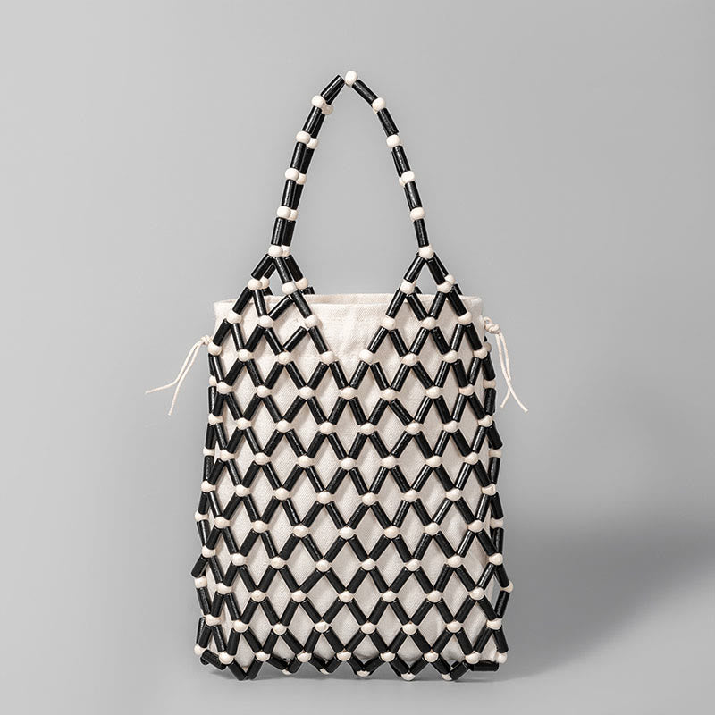 Buddha Stones Hand-woven Mesh Hollow Wooden Beads Handbag Handbags BS Black 15*4*25cm