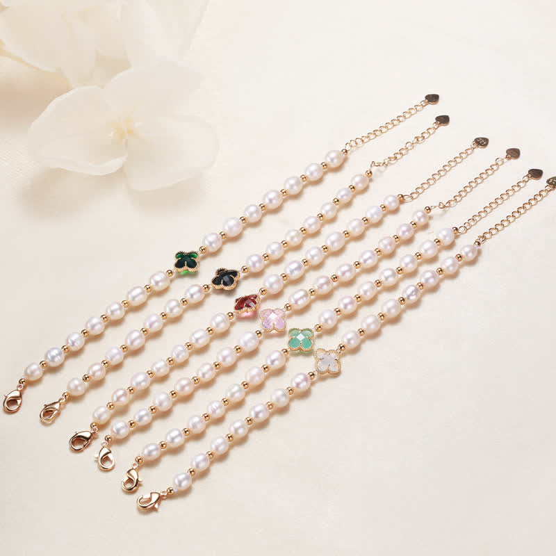 Buddha Stones Pearl Four Leaf Clover Wealth Chain Bracelet Bracelet BS 4