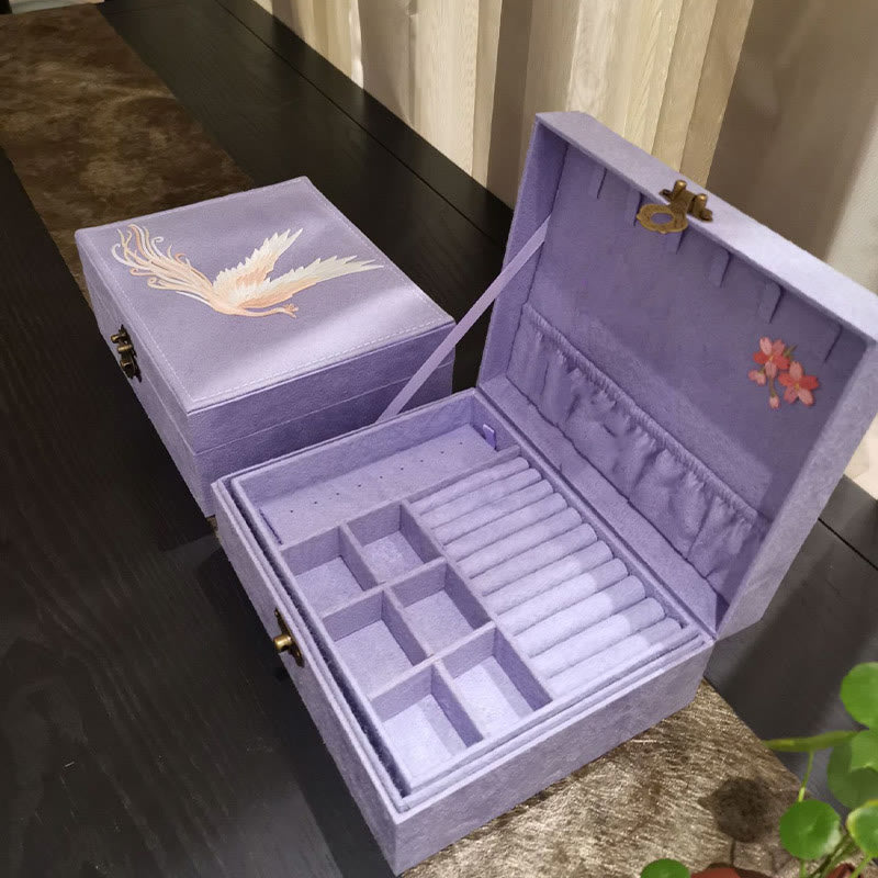 Buddha Stones Purple Phoenix Jewelry Box Organizer Two-Layer Jewelry Storage Box Flannel Box Jewelry Box BS 5