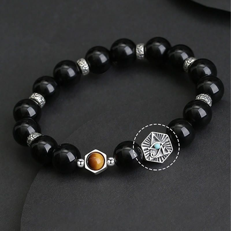 Foviel 925 Sterling Silver Black Obsidian Tiger Eye Eye of Providence Purification Bracelet