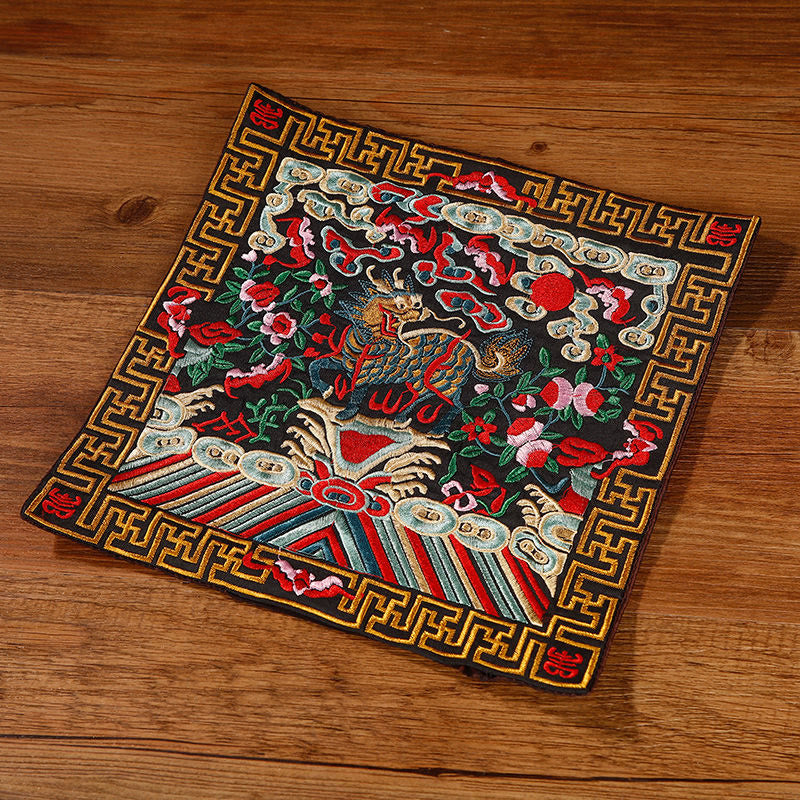 Buddha Stones Crane Phoenix Dragon Kirin Embroidered Cup Mat Pad Tea Cup Coaster Square Kung Fu Tea Mat Tea Mat BS Black Kirin