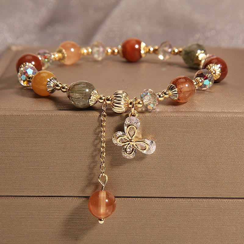 Buddha Stones Natural Fu Lu Shou Rainbow Crystal Rutilated Quartz Wealth Butterfly Charm Bracelet Bracelet BS Fu Lu Shou Crystal(Wrist Circumference 14-16cm)
