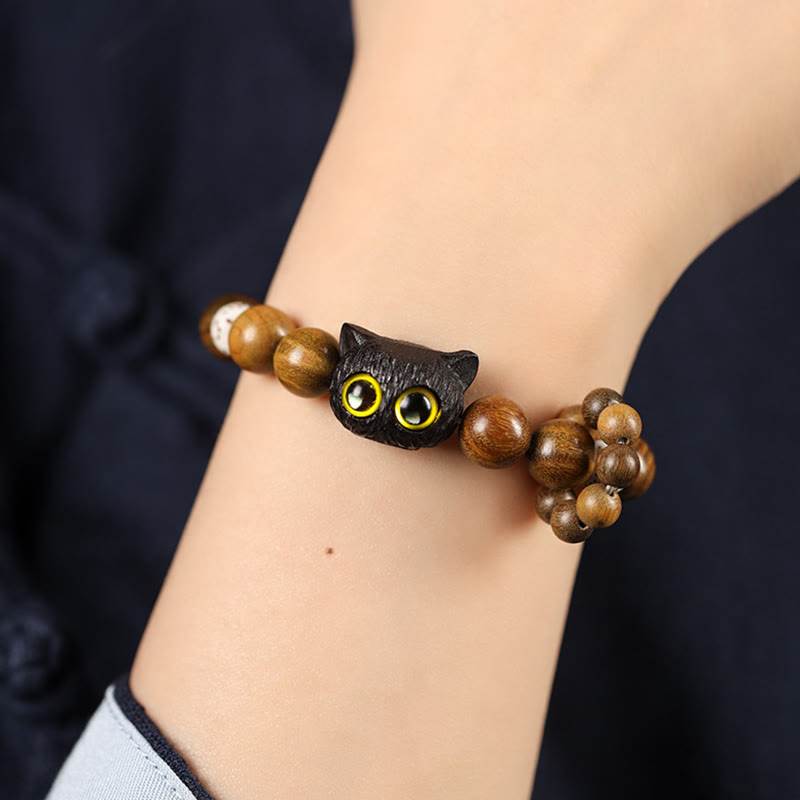 Buddha Stones Green Sandalwood Ebony Wood Cat Peace Soothing Bracelet Bracelet BS 2