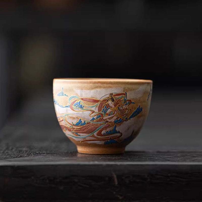 Buddha Stones Dunhuang Flying Apsaras Ceramic Gaiwan Sancai Teacup Kung Fu Tea Cup With Lid Cup BS Dunhuang Flying Apsaras 7cm*6cm*50ml