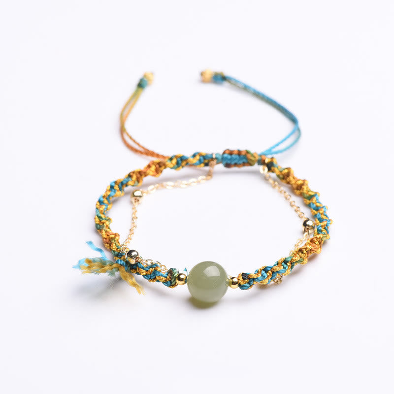 Buddha Stones Handmade Colorful Rope Luck Jade Bead Abundance Double Layer Bracelet Bracelet BS 6