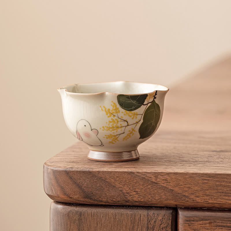 Buddha Stones Hand Painted Small Osmanthus Rabbit Ceramic Teacup Kung Fu Tea Cup 40ml Cup BS 6.7cm*4.5cm*40ml