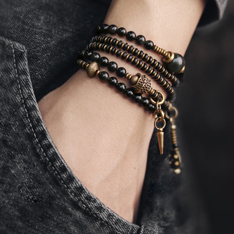 Buddha Stones Rainbow Obsidian Ebony Wood Copper Positive Multilayer Bracelet Bracelet BS 2