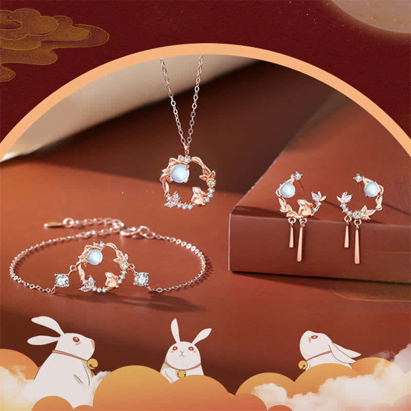 925 Sterling Silver Year of the Rabbit Moonstone Moon Flower Pattern Necklace Pendant Bracelet Earrings Necklaces & Pendants BS 9