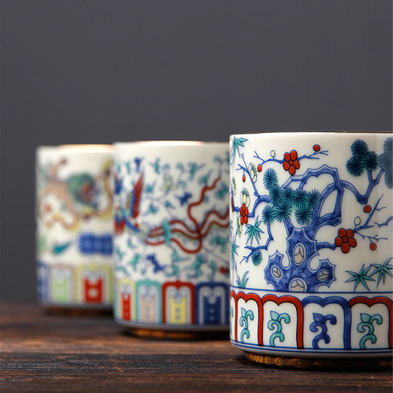 Buddha Stones Vintage Plum Blossom Pine Bamboo Phoenix Kirin Lion Dancing Ceramic Teacup Tea Cups Cup BS 2