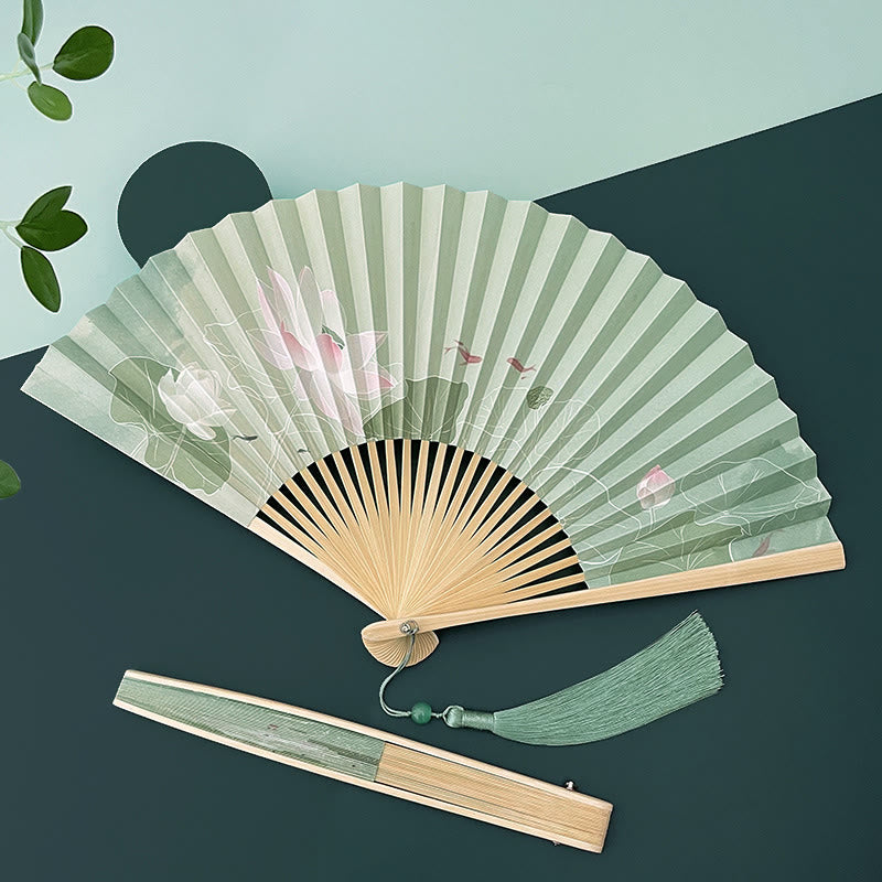 Buddha Stones Lotus Flowers Leaf Koi Fish Handheld Paper Bamboo Folding Fan Folding Fan BS Lotus Flower