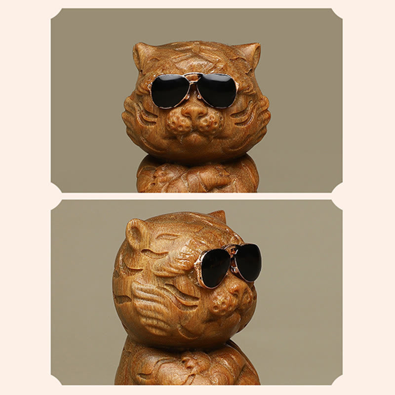 Buddha Stones Small Green Sandalwood Tiger Engraved Positive Desk Decorations Decorations BS 7