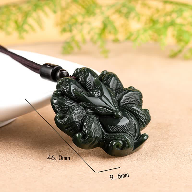 Buddha Stones Hetian Cyan Jade Nine Tailed Fox Luck Necklace String Pendant Necklaces & Pendants BS 11