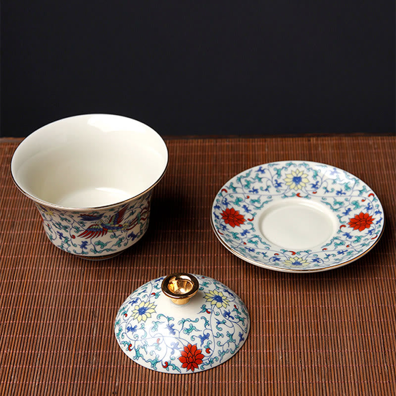 Buddha Stones Retro Plum Blossom Pine Bamboo Phoenix Kirin Ceramic Gaiwan Sancai Teacup Kung Fu Tea Cup and Saucer with Lid Cup BS 8