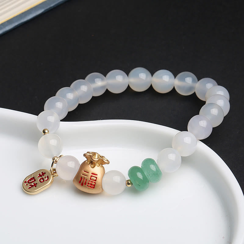 Buddha Stones Natural White Agate Red Agate Money Bag Fu Character Four Leaf Clover Protection Bracelet Bracelet BS 1