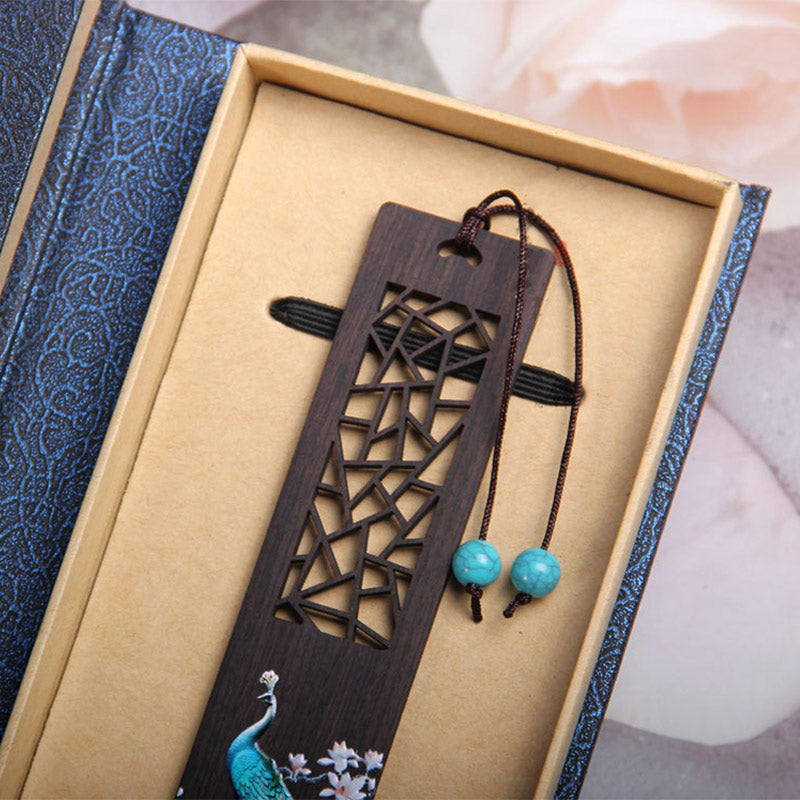 Buddha Stones Blue Peacock Ebony Wood Bookmarks With Gift Box Bookmarks BS 5