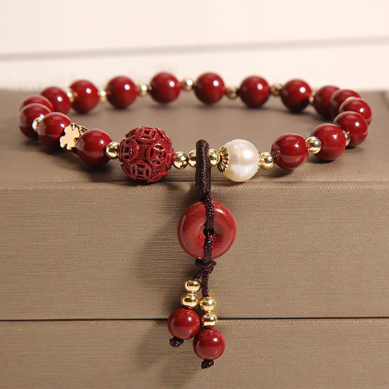 Buddha Stones Natural Cinnabar Peace Buckle Copper Coin Charm Blessing Bracelet Bracelet BS Cinnabar(Calm♥Concentration)