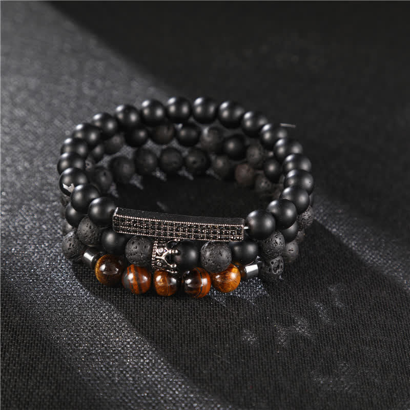 Buddha Stones 3Pcs Frosted Stone Lava Rock Tiger Eye Activate Bracelet Bracelet BS Frosted Stone&Lava Rock