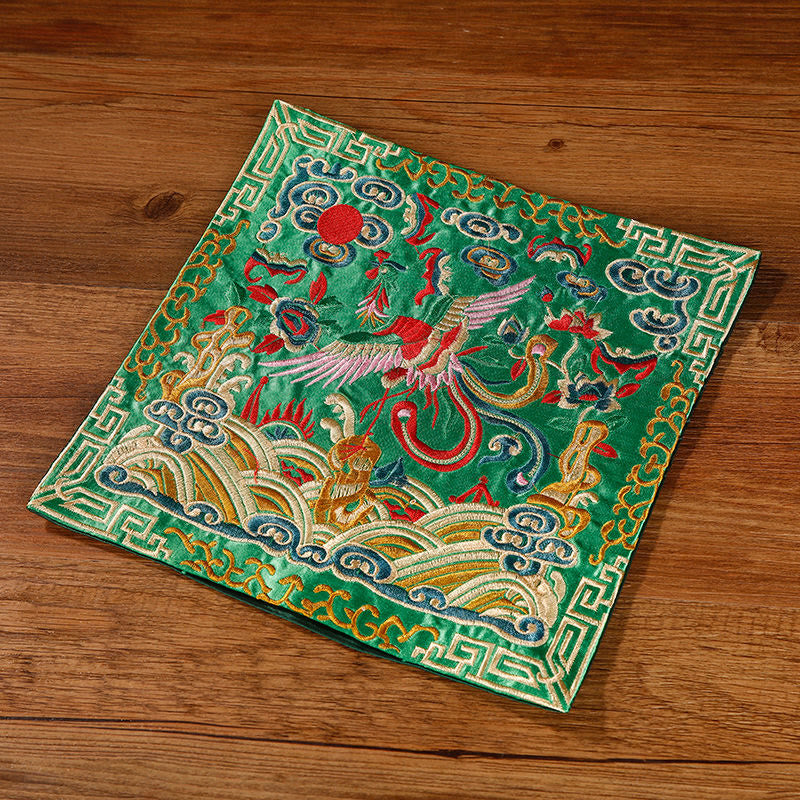 Buddha Stones Crane Phoenix Dragon Kirin Embroidered Cup Mat Pad Tea Cup Coaster Square Kung Fu Tea Mat Tea Mat BS Emerald Green Phoenix
