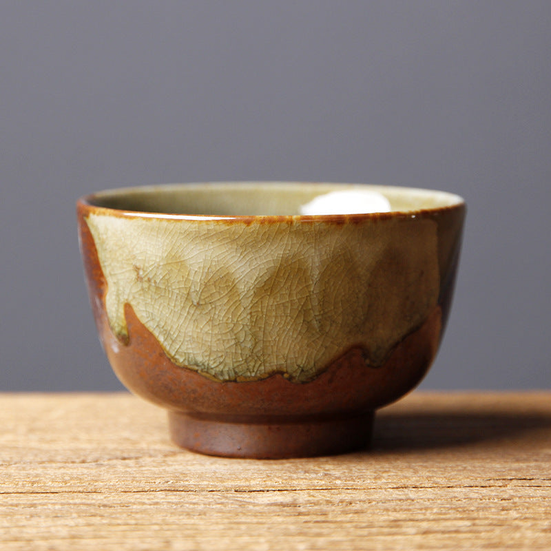 Buddha Stones Vintage Brown Beige Kiln Change Ceramic Teacup Kung Fu Tea Cup Bowl Cup BS 8cm*4.7cm*110ml