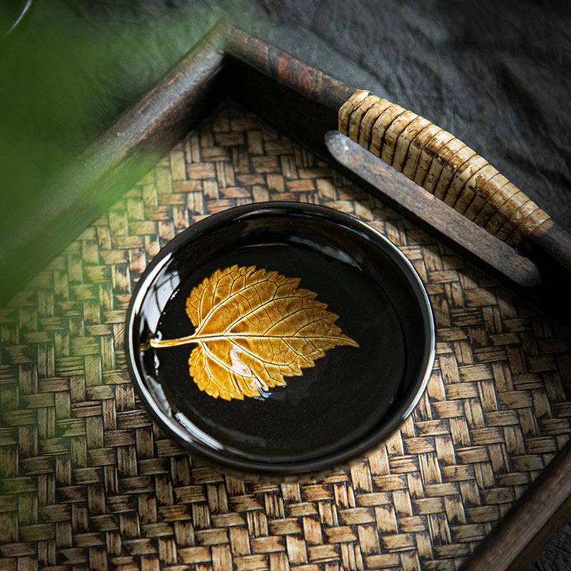 Buddha Stones Gold Maple Leaf Chinese Jianzhan Ceramic Teacup Tenmoku Kung Fu Tea Cup Bowl Jian Zhan Tea Cup BS 8