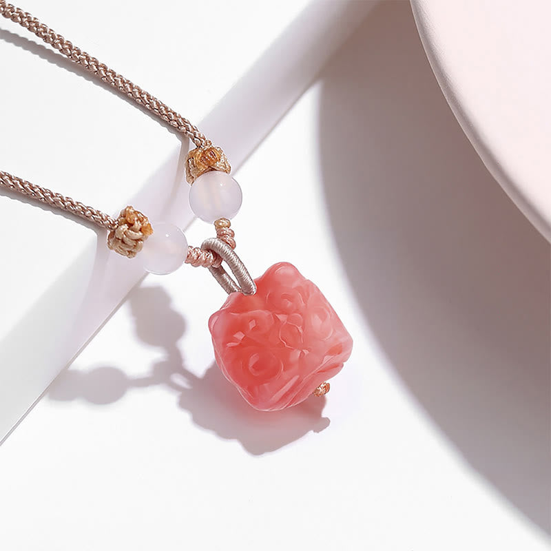 Buddha Stones Natural Silver Sheen Obsidian Red Agate Dancing Lion Protection Necklace Pendant Necklaces & Pendants BS Red Agate(Confidence♥Calm)