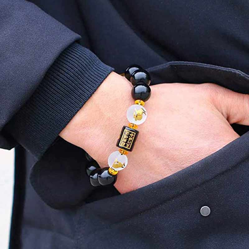 Buddha Stones Chinese Zodiac Feng Shui Obsidian Five-Element Wealth Porsperity Bracelet Bracelet BS 12