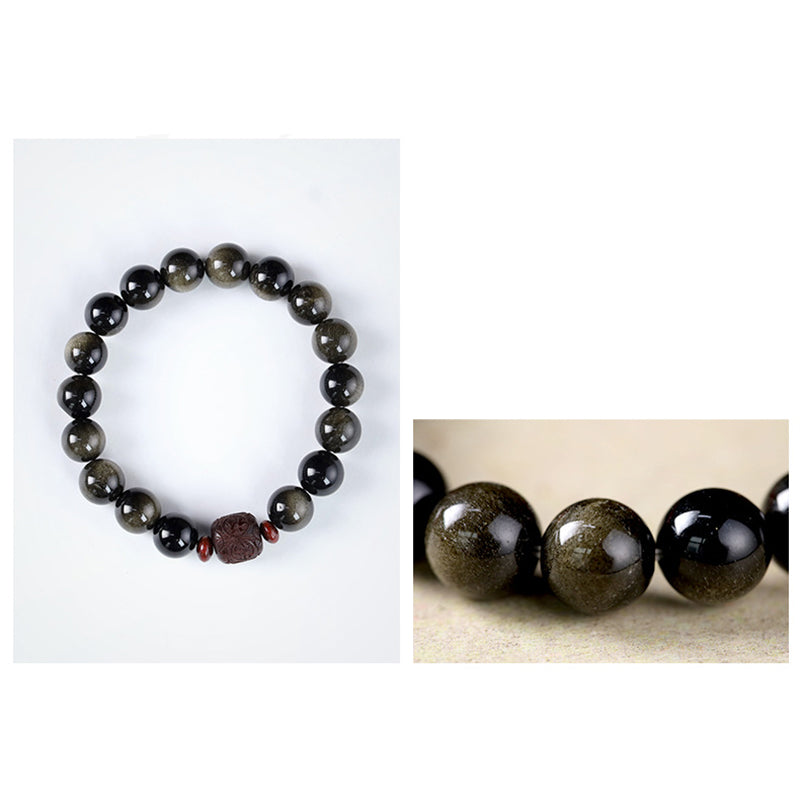 Buddha Stones Natural Gold Sheen Obsidian Rainbow Obsidian Om Mani Padme Hum Fu Character Healing Bracelet Bracelet BS 16