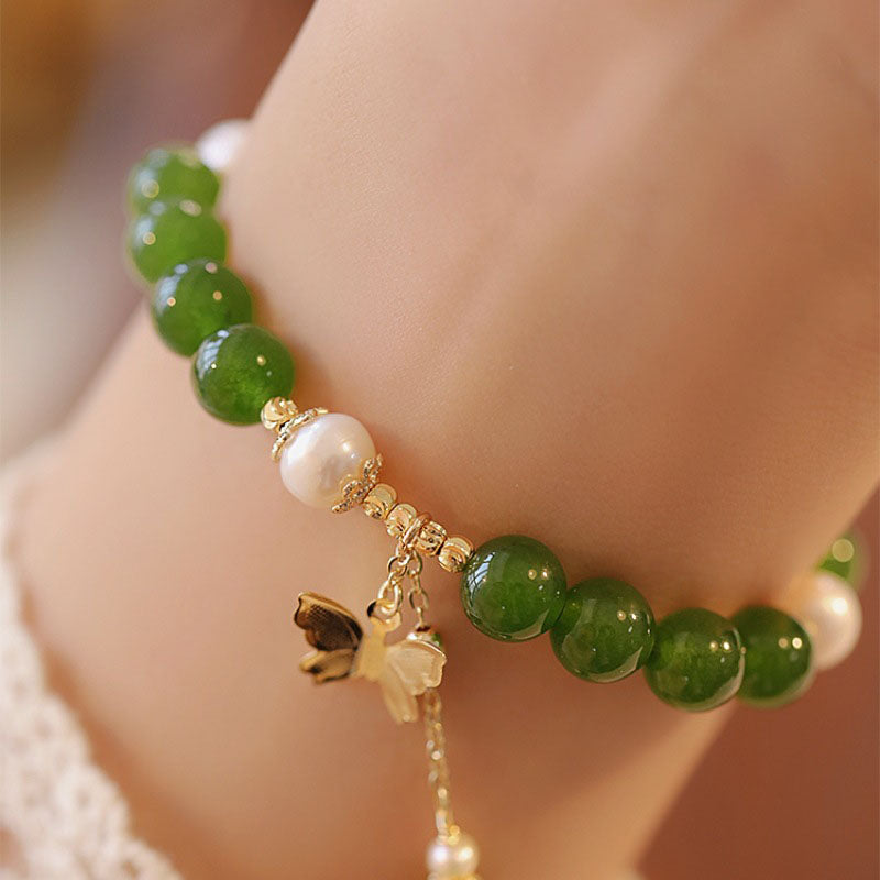 Buddha Stones Natural Green Chalcedony Pearl Butterfly Courage Strength Bracelet Bracelet BS 3