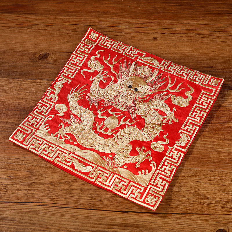 Buddha Stones Crane Phoenix Dragon Kirin Embroidered Cup Mat Pad Tea Cup Coaster Square Kung Fu Tea Mat Tea Mat BS Red Golden Dragon