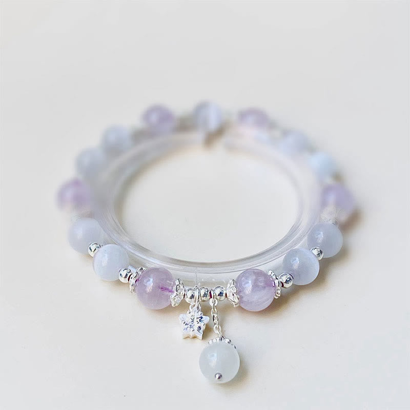 Buddha Stones 925 Sterling Silver Natural Amethyst Cat's Eye Spiritual Awareness Star Bracelet Bracelet BS 925 Sterling Silver Amethyst&Cat's Eye(Wrist Circumference 14-16cm)