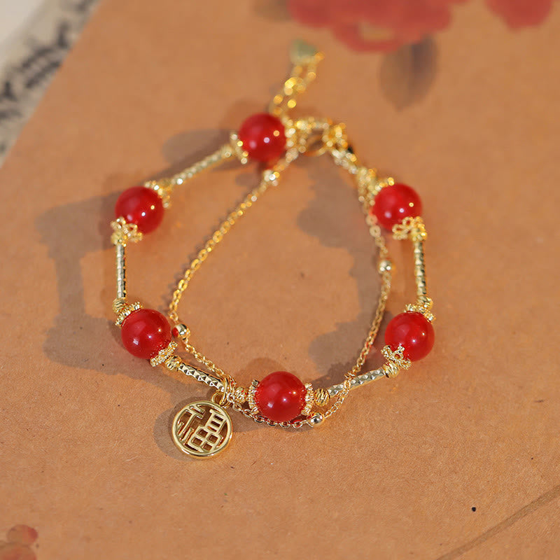 Buddha Stones Red Agate Fu Character Charm Self-acceptance Bracelet Bracelet BS Red Agate(Confidence♥Calm)(Wrist Circumference 14-16cm)