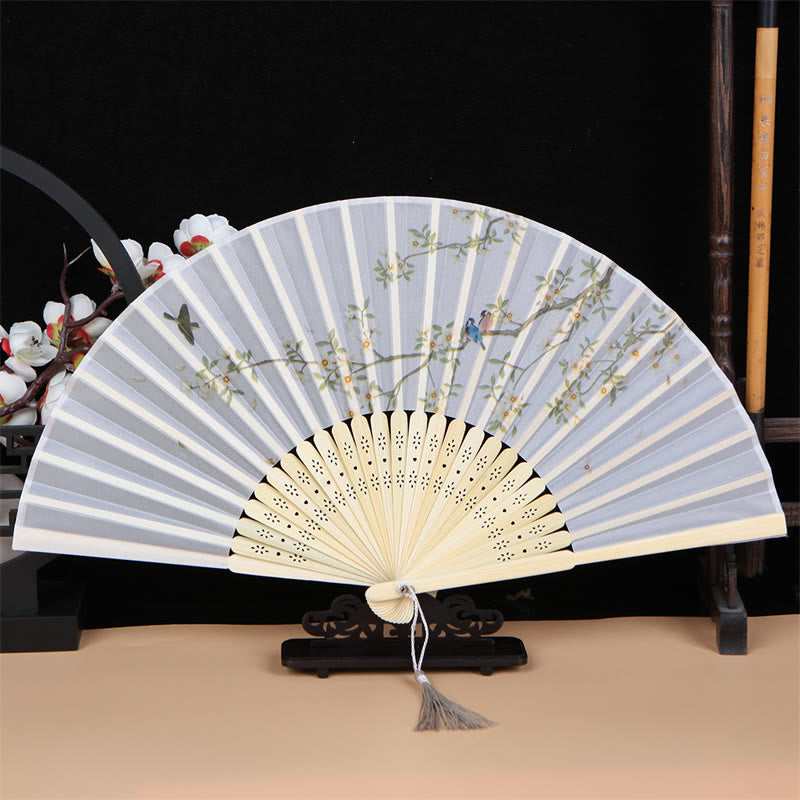 Buddha Stones Classic Birds Singing Flowers Handheld Bamboo Folding Fan Folding Fan BS Birds Singing and Flowers