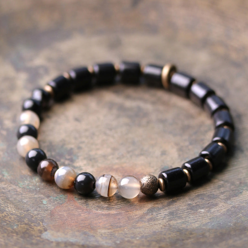Buddha Stones Ebony Wood Red Jasper Moss Agate Crystal Copper Peace Couple Bracelet Bracelet BS Ebony&Agate 18cm