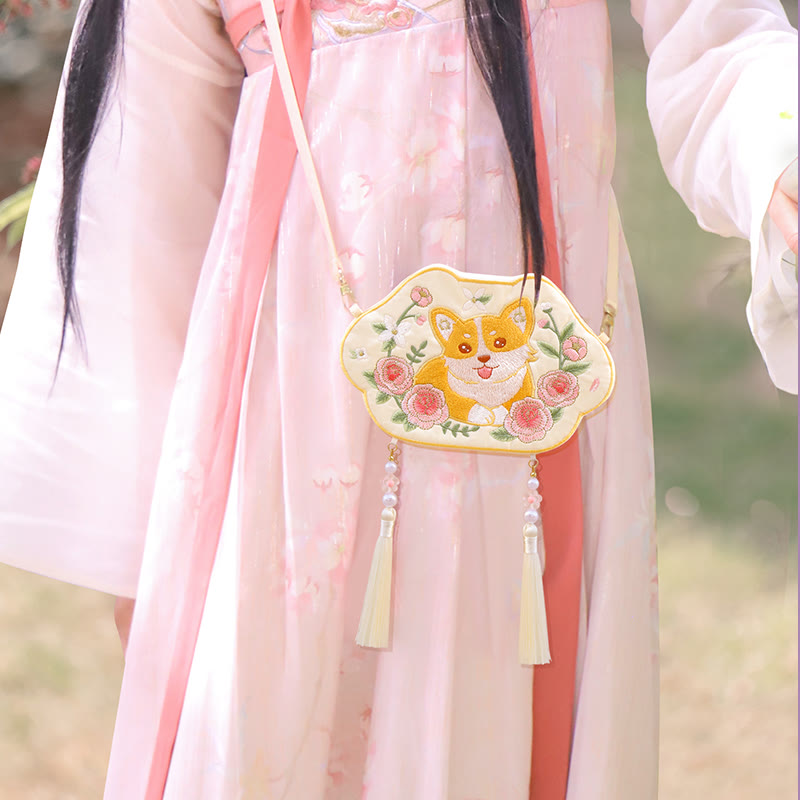 Buddha Stones Embroidery Lucky Panda Cat Shiba Inu Deer Rabbit Fox Flower Cute Animal Hanfu Bag Crossbody Bag Shoulder Bag Bag BS 21