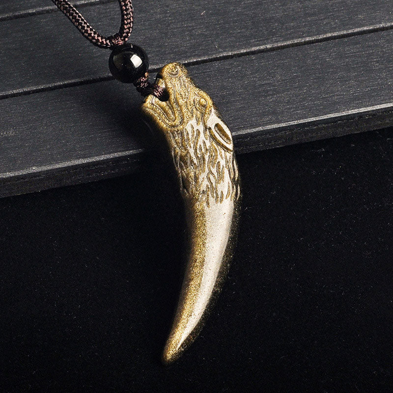 Buddha Stones Natural Black Obsidian Ice Obsidian Rainbow Obsidian Wolf Tooth Pattern Strength Necklace Pendant Necklaces & Pendants BS Gold Sheen Obsidian