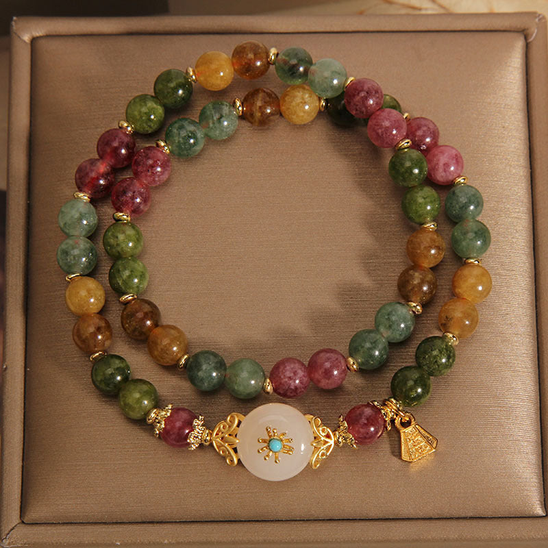Buddha Stones Natural Multicolored Tourmaline Positive Jade Flower Double Wrap Bracelet Bracelet BS 1