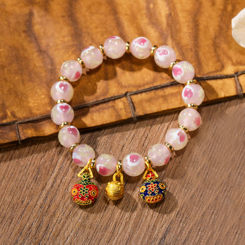 Buddha Stones Gold Swallowing Beast Family Charm Luminous Pink Love Heart Fluorescent Liuli Glass Bead Blessings Bracelet Bracelet BS Gold Swallowing Beast Family