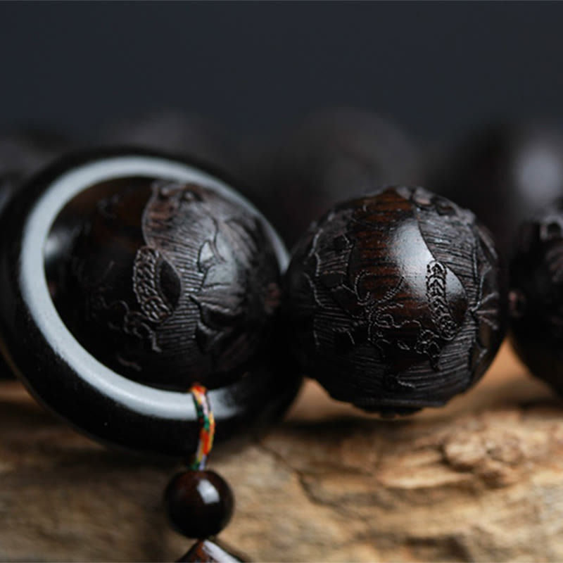 Buddha Stones Ebony Wood Chinese Character Yin Yang Engraved Gourd Balance Bracelet Bracelet BS 6